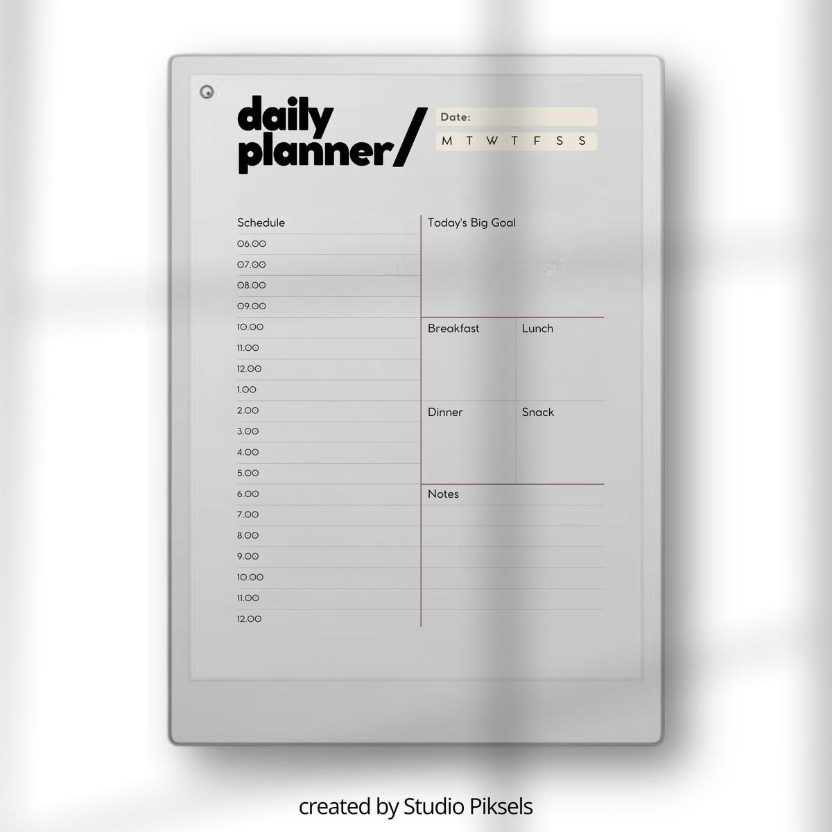 Digital planner bundle for reMarkable Paper Pro featuring structured daily, weekly, and hourly planning pages with multiple minimalist templates for task organization, scheduling, and productivity tracking on E Ink devices.