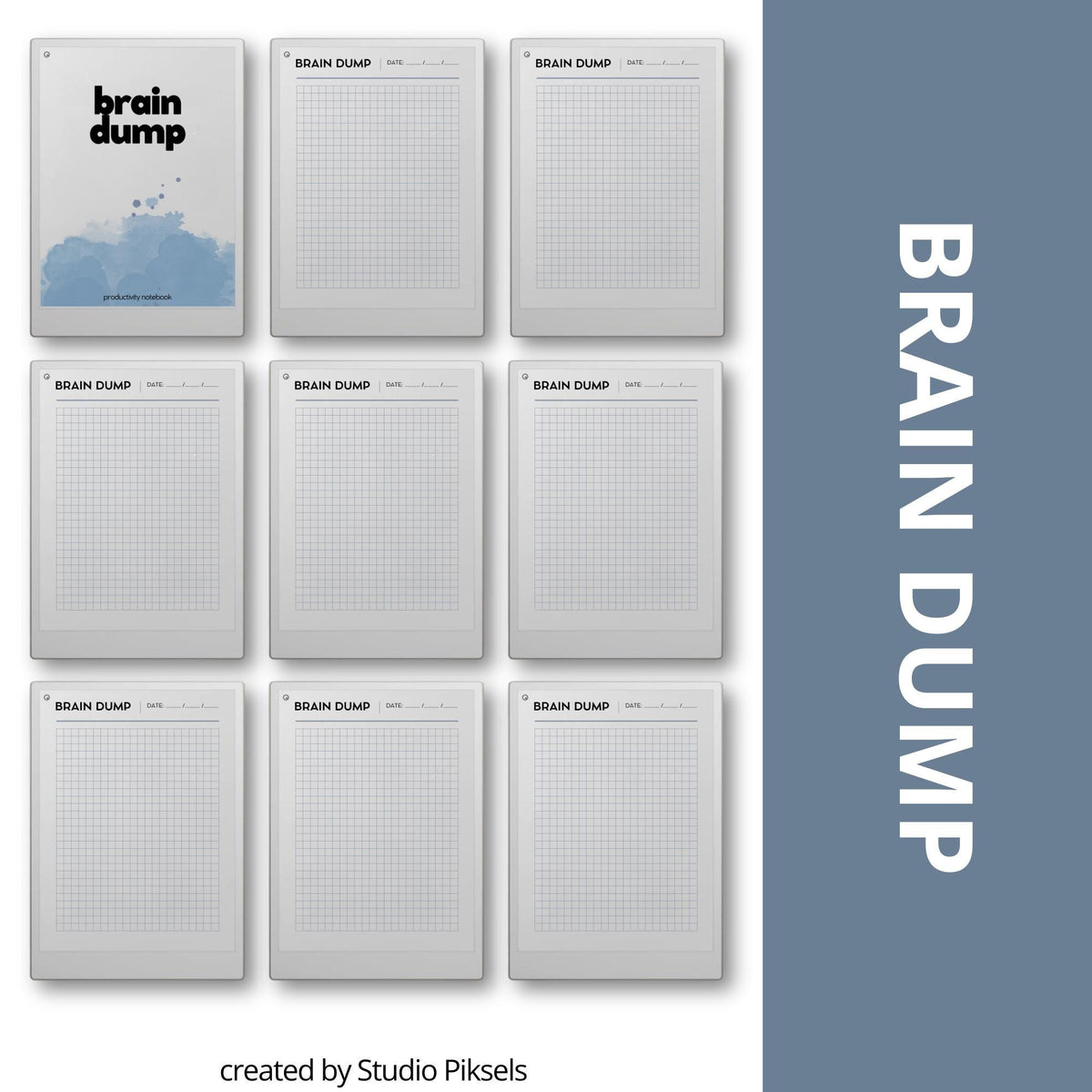 Brain Dump Template for reMarkable Paper Pro featuring 75 minimalist digital PDF pages with open writing space for brainstorming, task tracking, idea capture, reminders, thoughts, notes, priorities, and freeform planning.