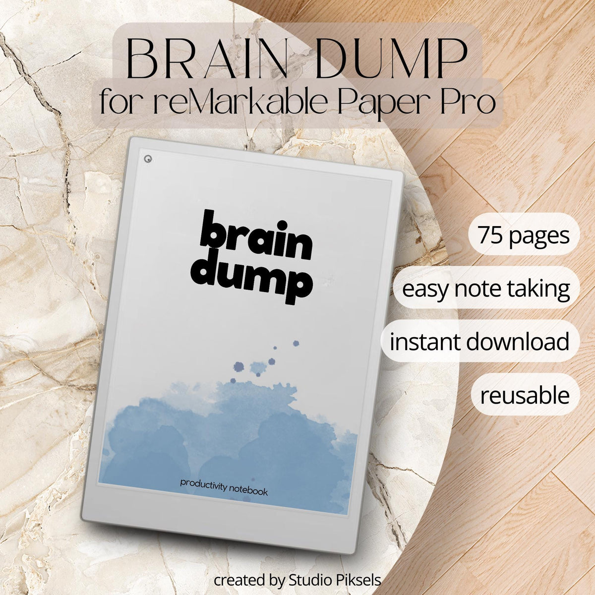 Brain Dump Template for reMarkable Paper Pro featuring 75 minimalist digital PDF pages with open writing space for brainstorming, task tracking, idea capture, reminders, thoughts, notes, priorities, and freeform planning.