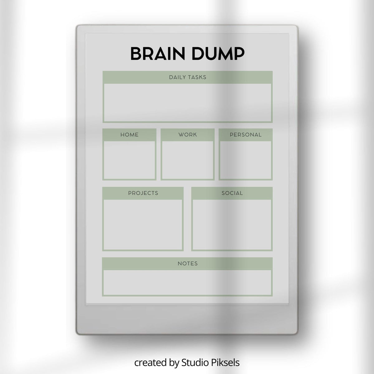 Structured digital brain dump notebook for reMarkable Paper Pro featuring categorized sections for work tasks, personal planning, projects, home organization, notes, and productivity tracking in a clean and distraction-free reusable PDF layout.