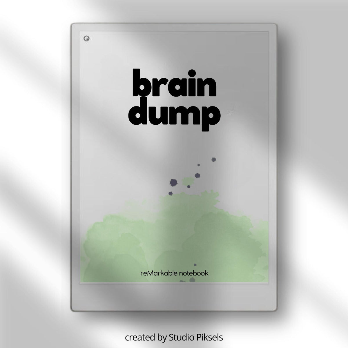Structured digital brain dump notebook for reMarkable Paper Pro featuring categorized sections for work tasks, personal planning, projects, home organization, notes, and productivity tracking in a clean and distraction-free reusable PDF layout.