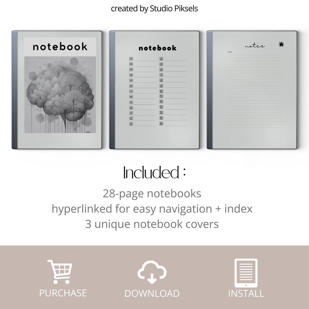 Hyperlinked Notebook Bundle for reMarkable 2 and reMarkable Paper Pure featuring artistic digital notebooks with lined pages, clickable indexes, and abstract cover designs