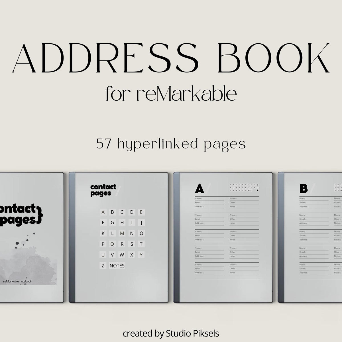 Address Book PDF for reMarkable 2 and Paper Pure with grayscale contact pages and hyperlinked digital address book layout