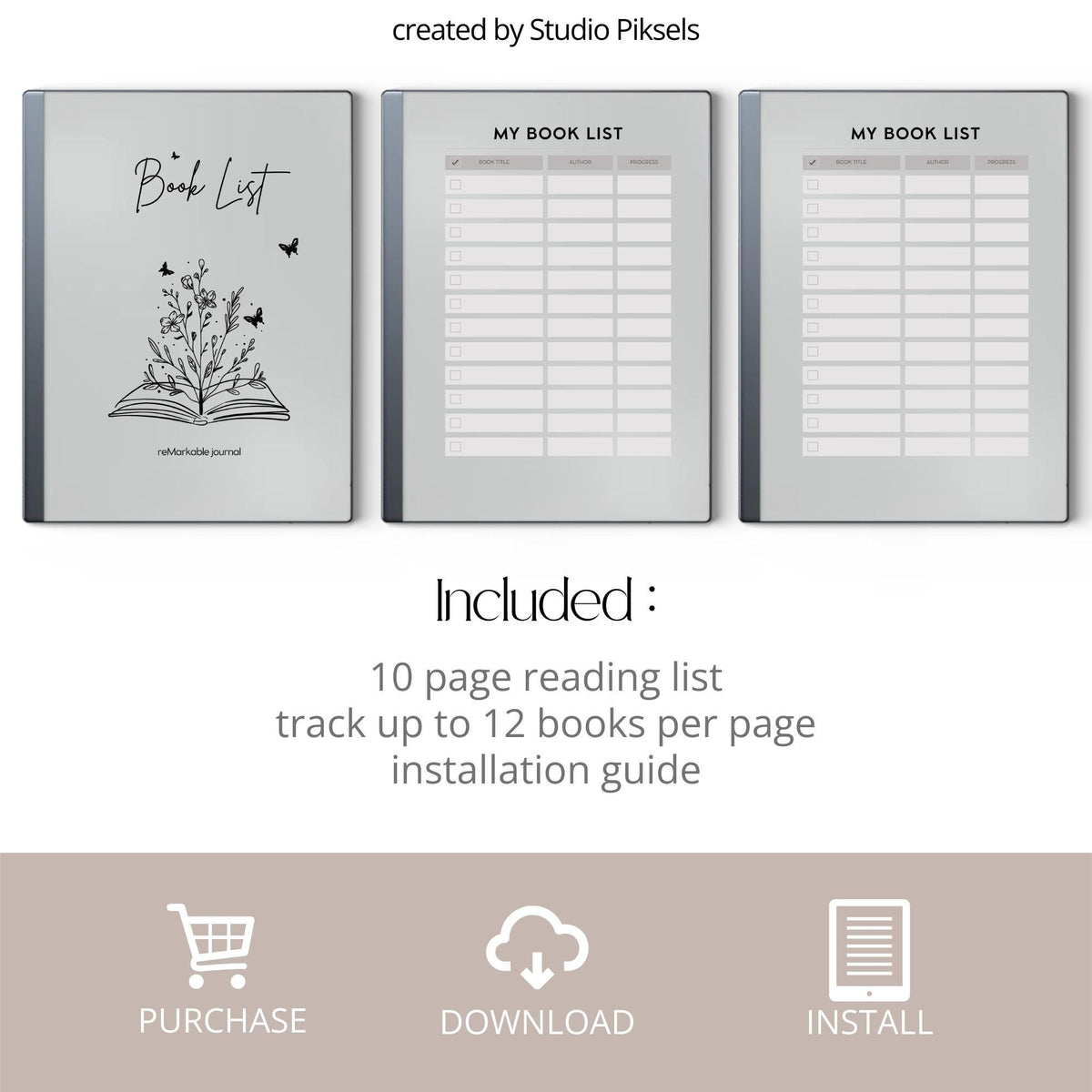 Book List for reMarkable 2 and reMarkable Paper Pure featuring reusable digital reading tracker pages with book title, author, and progress sections.