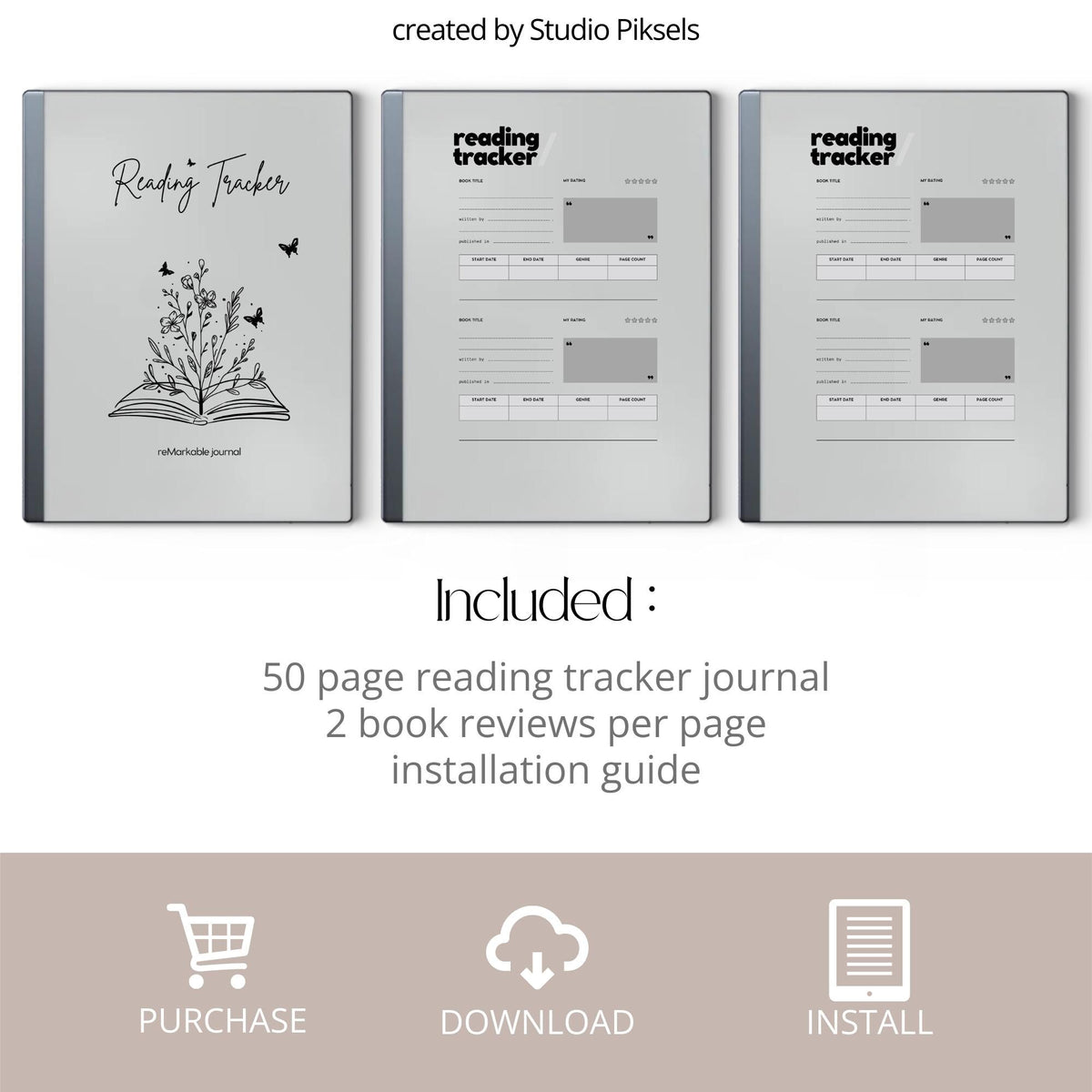 Reading Tracker PDF for reMarkable 2 and Paper Pure with grayscale book review pages and minimalist reading journal layout