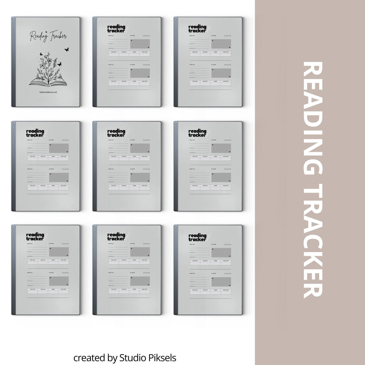 Reading Tracker PDF for reMarkable 2 and Paper Pure with grayscale book review pages and minimalist reading journal layout