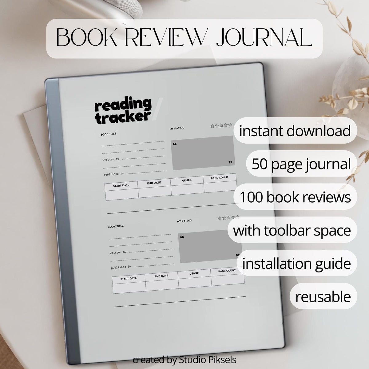Reading Tracker PDF for reMarkable 2 and Paper Pure with grayscale book review pages and minimalist reading journal layout