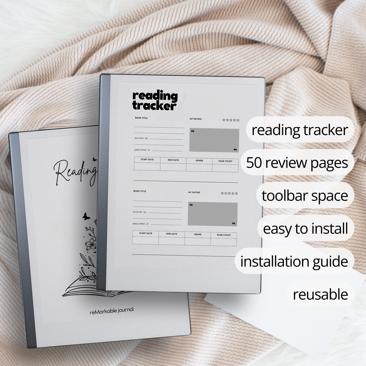 Reading Tracker PDF for reMarkable 2 and Paper Pure with grayscale book review pages and minimalist reading journal layout