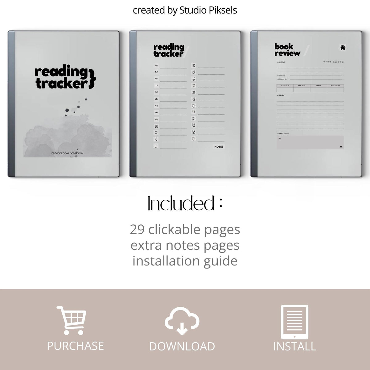 Hyperlinked Reading Tracker for reMarkable featuring a minimalist reusable PDF journal with linked index page, 25 book review pages, book details sections, reading notes, personal reflections, and high-resolution layout for organized reading tracking.