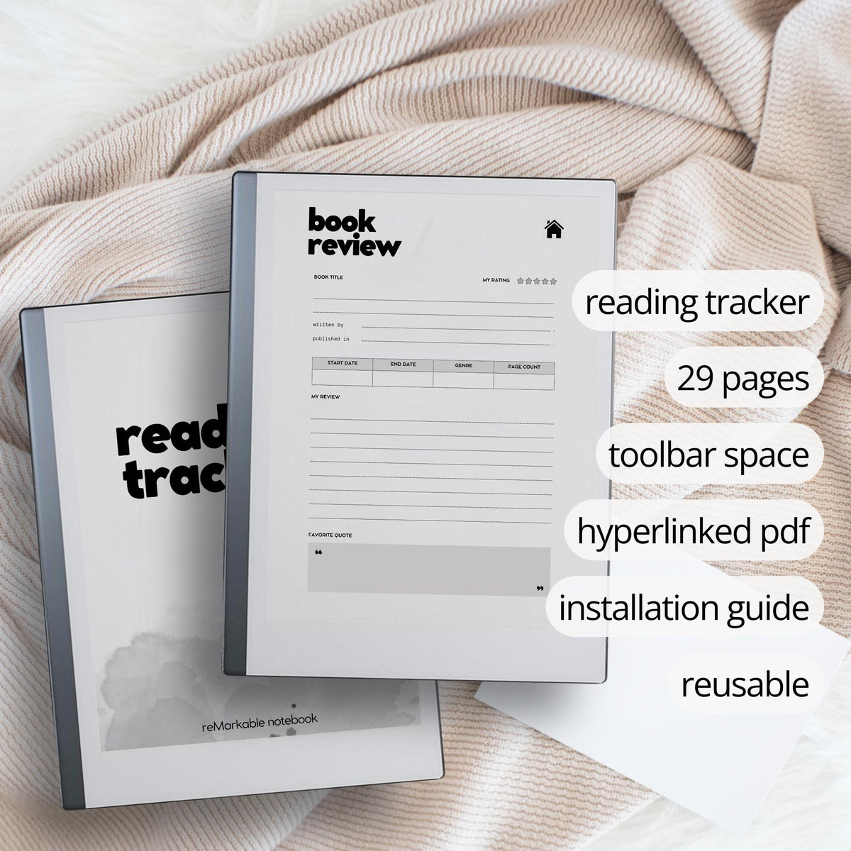 Hyperlinked Reading Tracker for reMarkable featuring a minimalist reusable PDF journal with linked index page, 25 book review pages, book details sections, reading notes, personal reflections, and high-resolution layout for organized reading tracking.