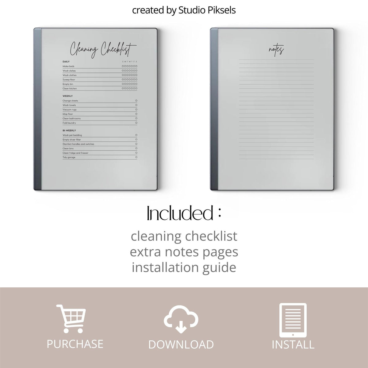 Cleaning Checklist for reMarkable featuring a minimalist digital PDF layout with one-page cleaning task list, extra notes sheet, household reminders, chore tracking sections, and simple home organization format.
