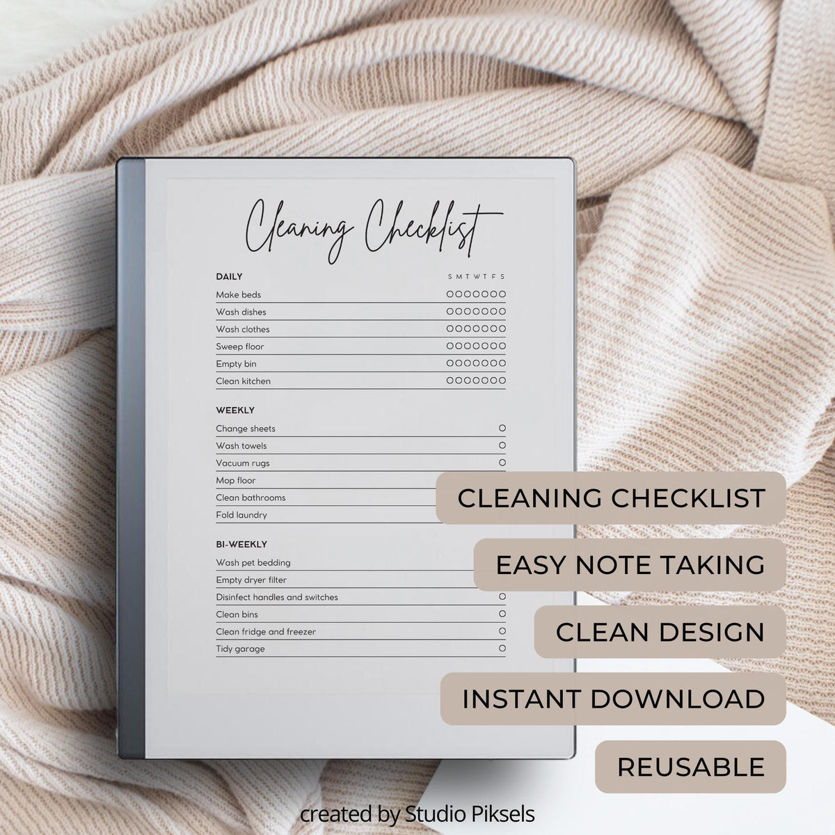 Cleaning Checklist for reMarkable featuring a minimalist digital PDF layout with one-page cleaning task list, extra notes sheet, household reminders, chore tracking sections, and simple home organization format.