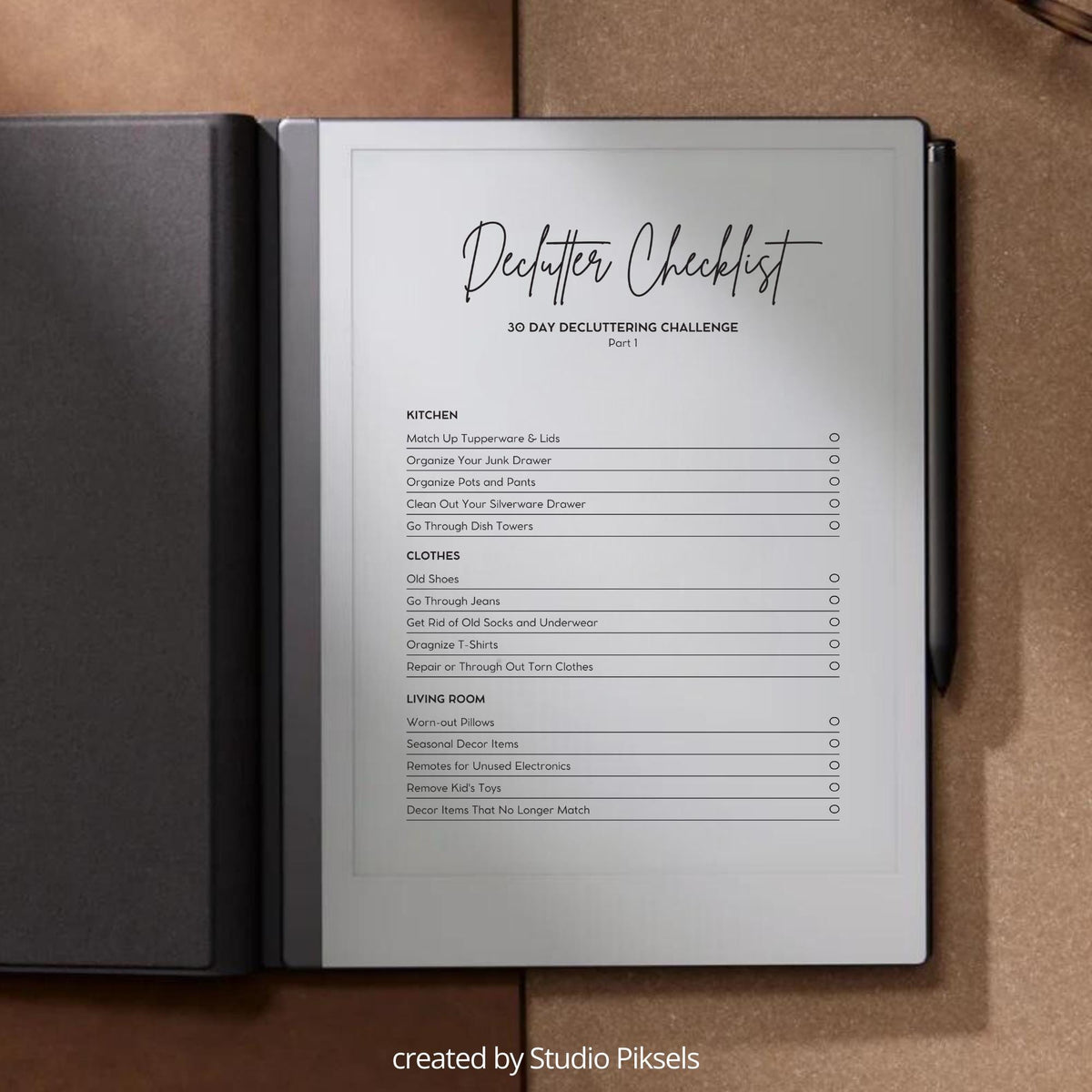 Decluttering Checklist for reMarkable 2 and reMarkable Paper Pure featuring a reusable 30-day home organization challenge with minimalist checklist and notes layouts