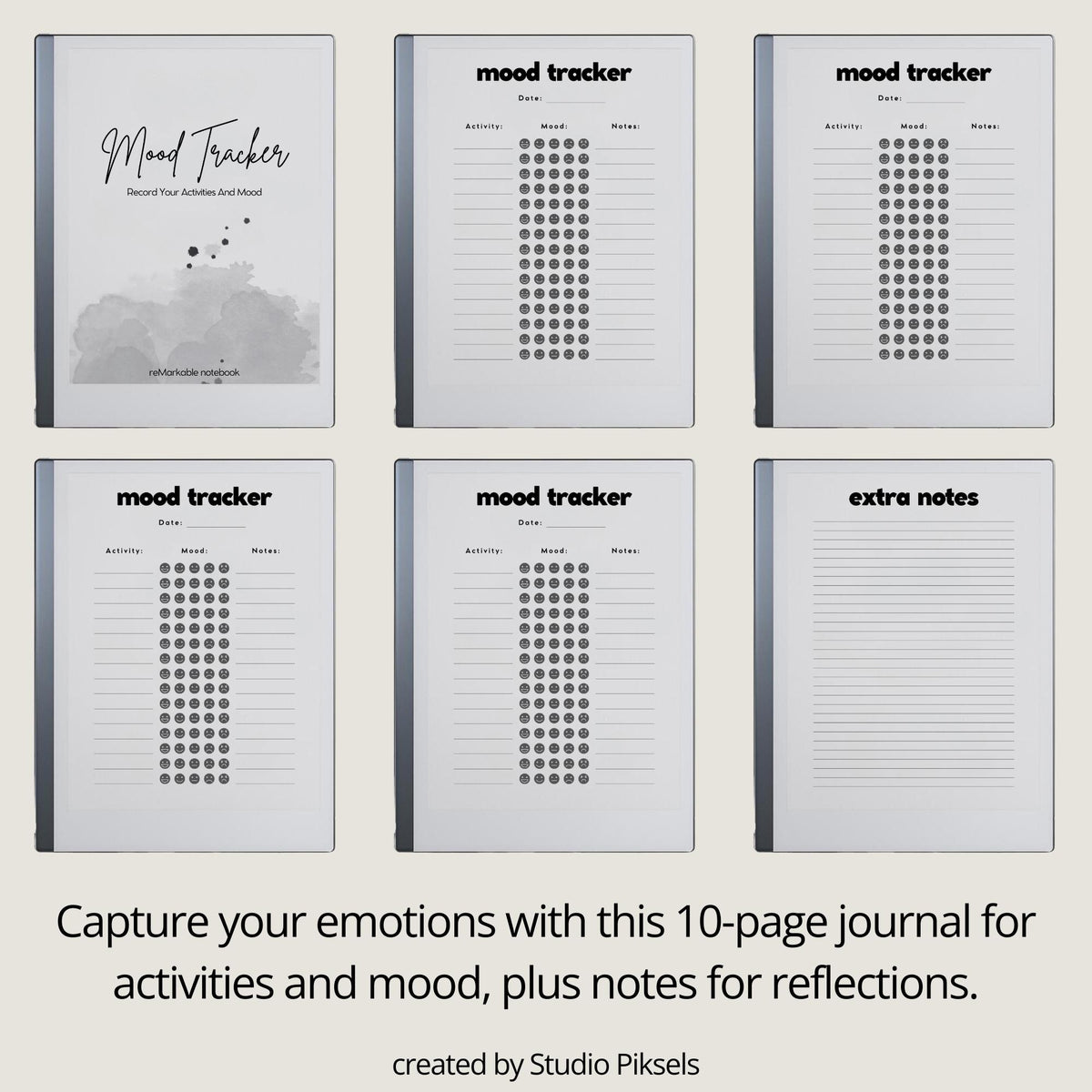 Digital mood tracker for reMarkable Paper Pure and reMarkable 2 with reusable wellness journal and daily reflection pages