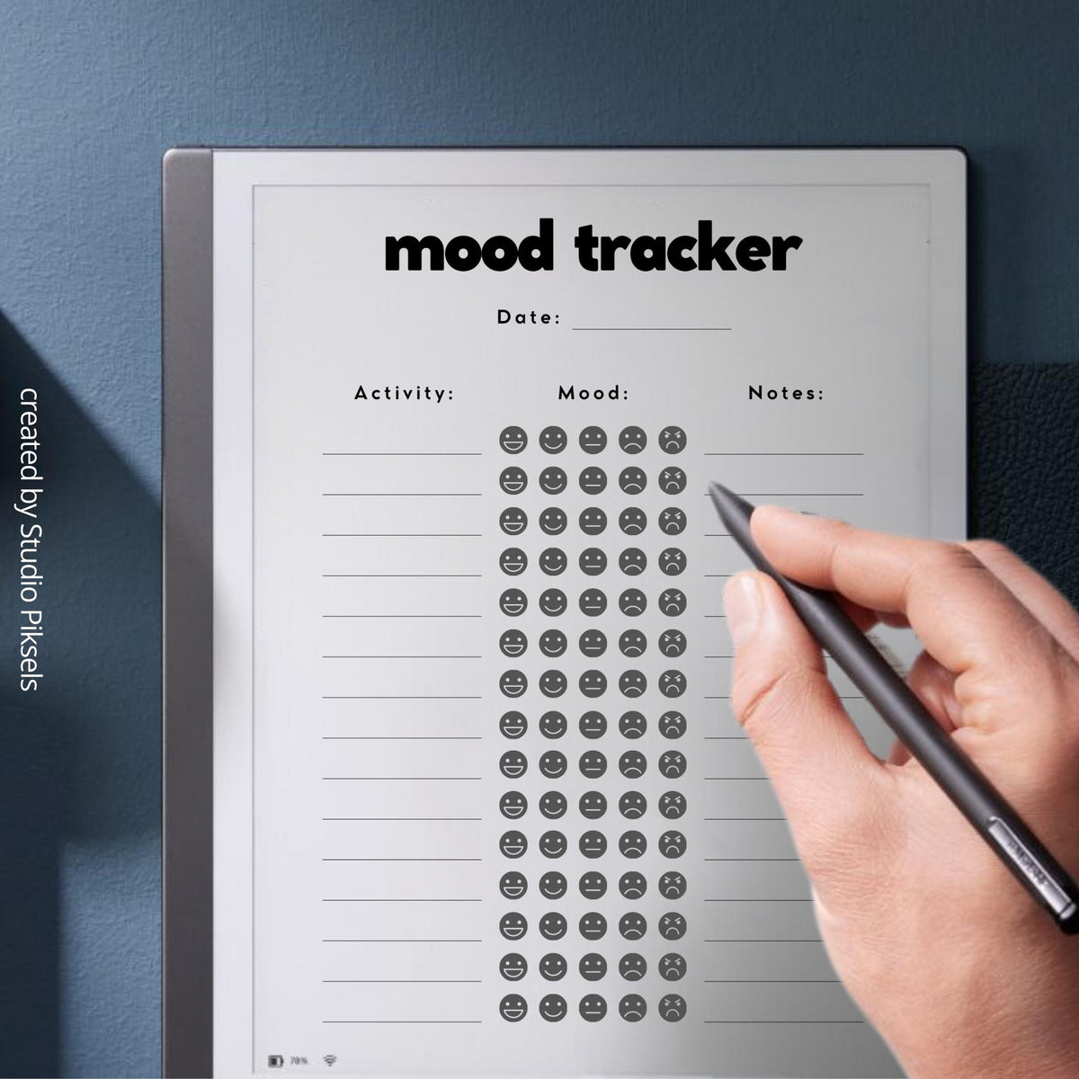 Digital mood tracker for reMarkable Paper Pure and reMarkable 2 with reusable wellness journal and daily reflection pages
