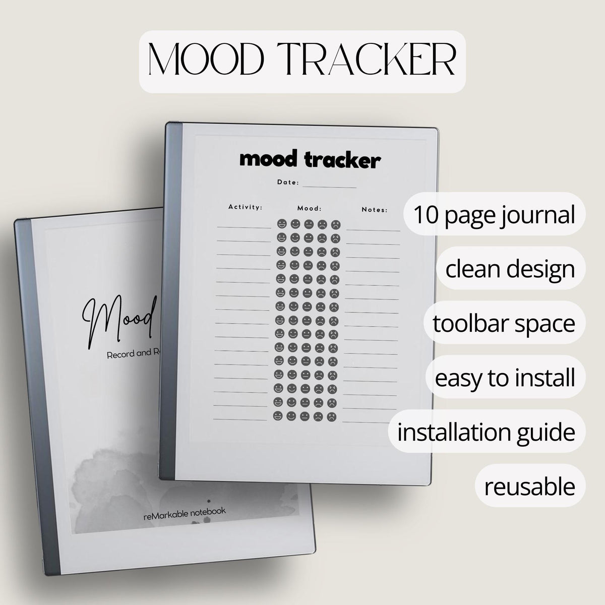 Digital mood tracker for reMarkable Paper Pure and reMarkable 2 with reusable wellness journal and daily reflection pages