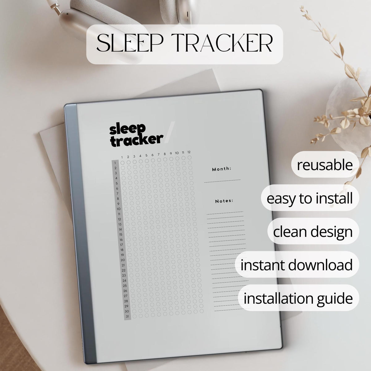 Monthly Sleep Tracker for reMarkable 2 and reMarkable Paper Pure featuring reusable sleep monitoring layouts, daily sleep tracking sections, and minimalist wellness notes pages