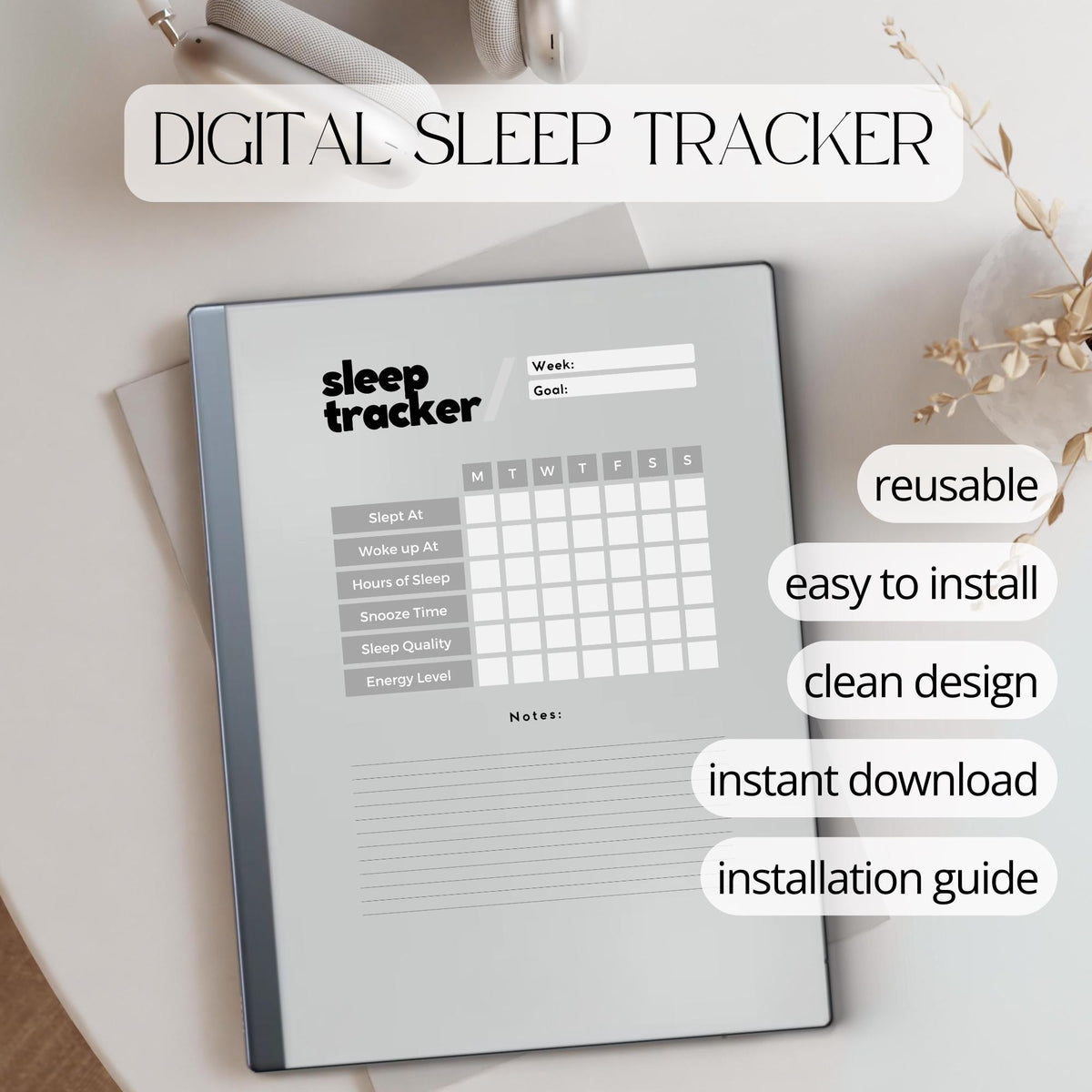 Sleep Tracker for reMarkable 2 and reMarkable Paper Pure featuring reusable weekly sleep tracking pages with sleep quality, energy levels, and notes sections