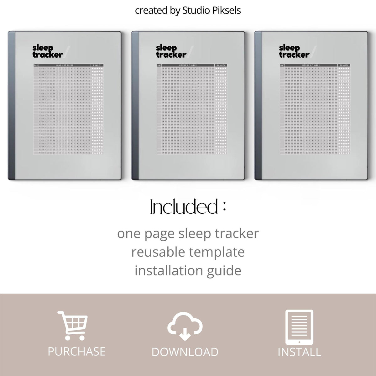 Reusable sleep tracker template for reMarkable Paper Pure and reMarkable 2 with daily sleep quality and sleep hour tracking layout
