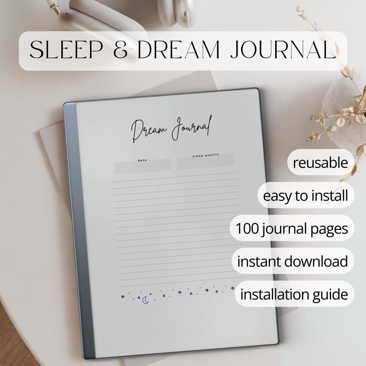 Dream Journal for reMarkable 2 and reMarkable Paper Pure featuring 100 digital dream recording pages with minimalist layouts and reflection sections
