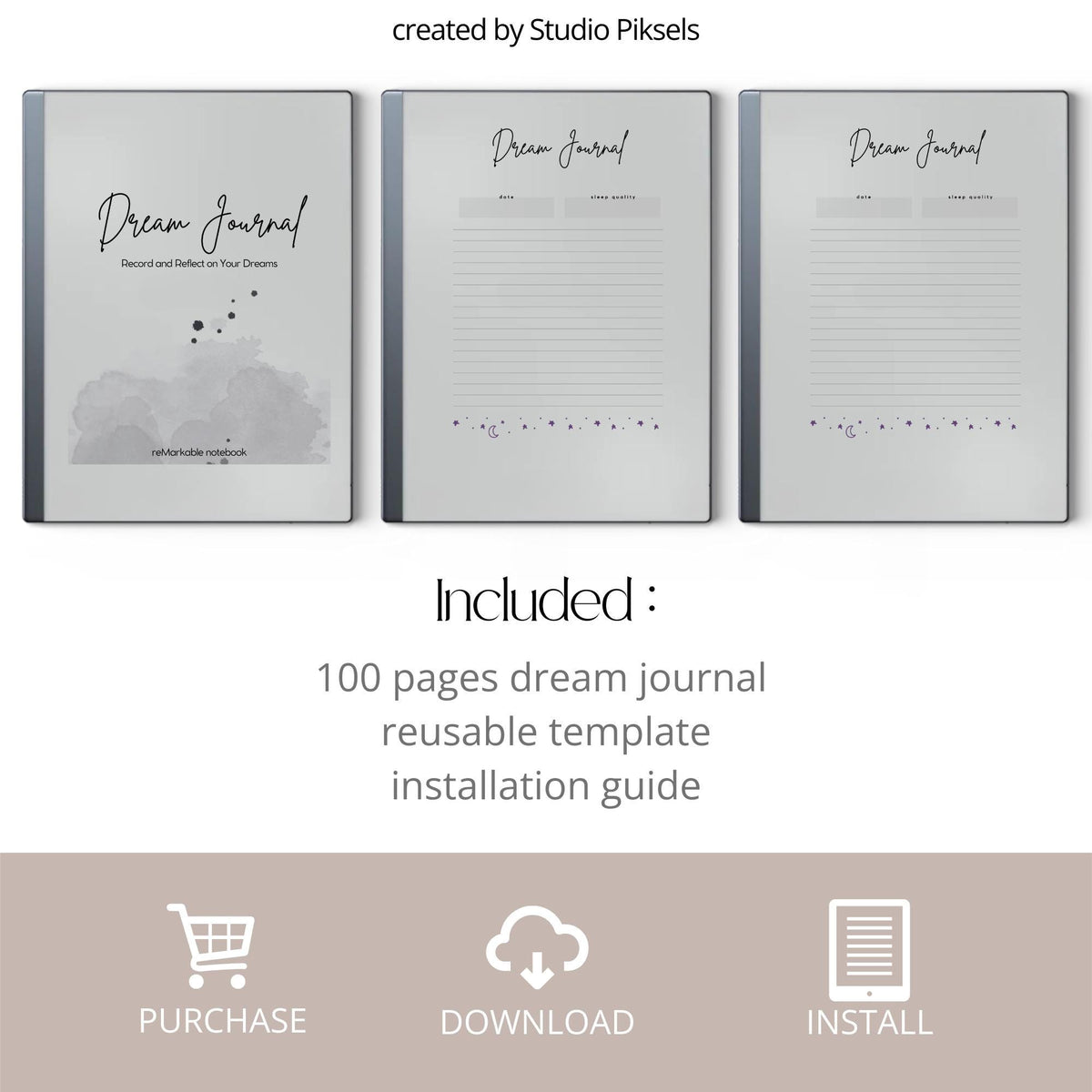 Dream Journal for reMarkable 2 and reMarkable Paper Pure featuring 100 digital dream recording pages with minimalist layouts and reflection sections