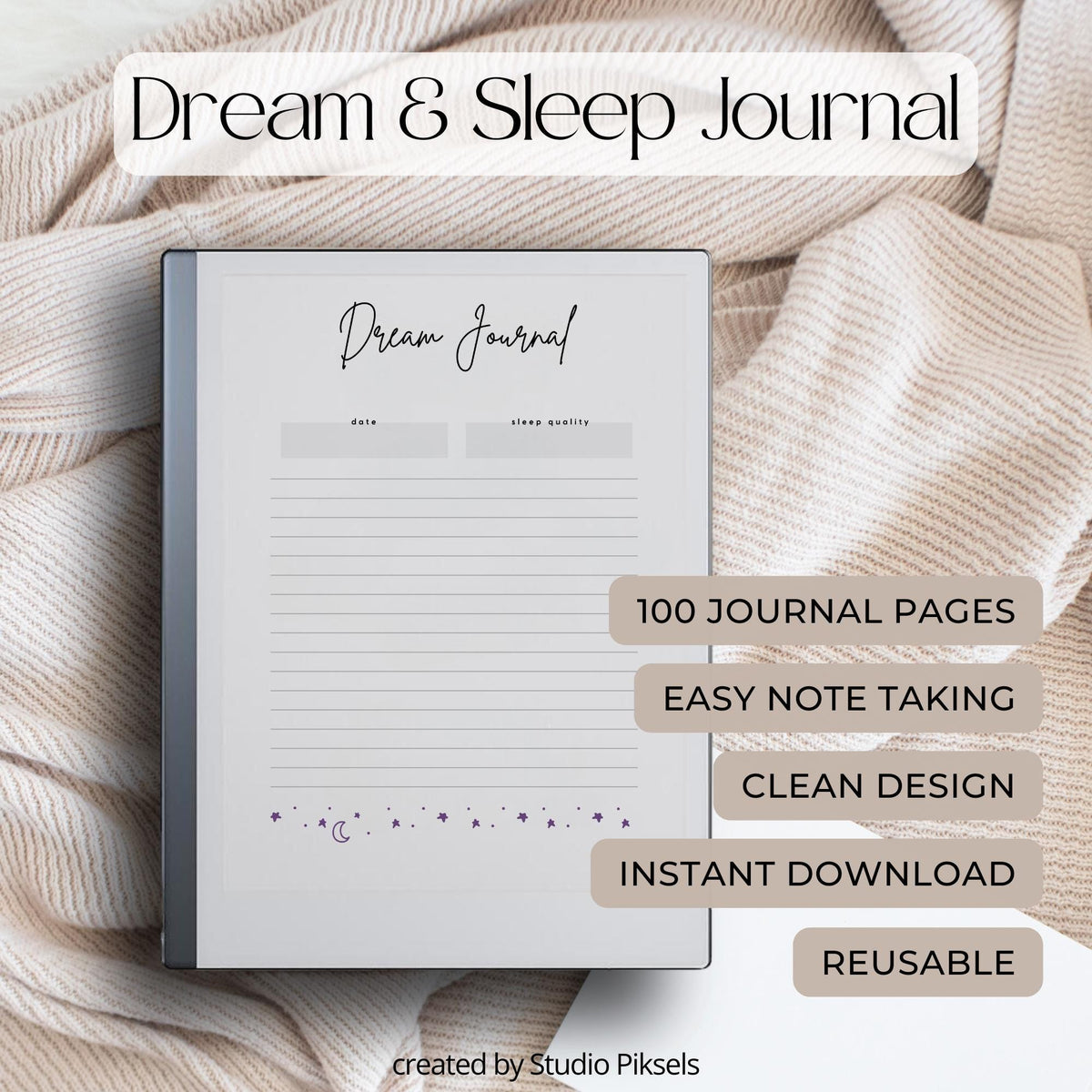 Dream Journal for reMarkable 2 and reMarkable Paper Pure featuring 100 digital dream recording pages with minimalist layouts and reflection sections