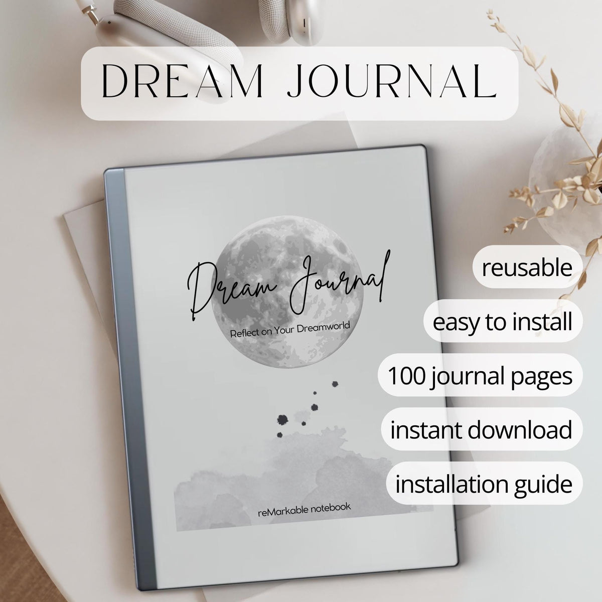 Dream Journal for reMarkable 2 and reMarkable Paper Pure featuring 100 reusable dream tracking pages with minimalist grayscale layouts and structured reflection sections