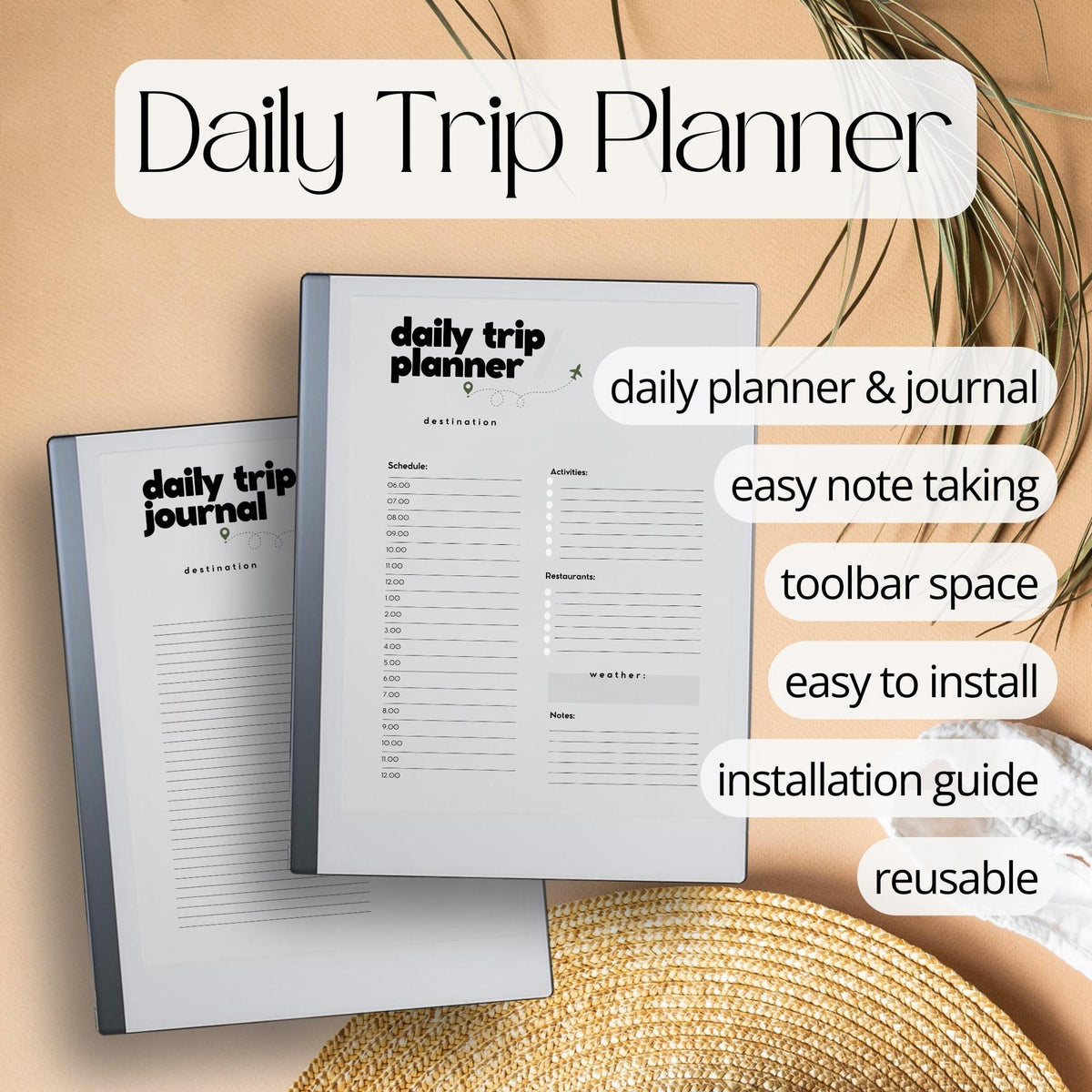 Daily Travel Planner PDF for reMarkable 1 and 2 with 21 day planner, journal pages, and minimalist trip layout.