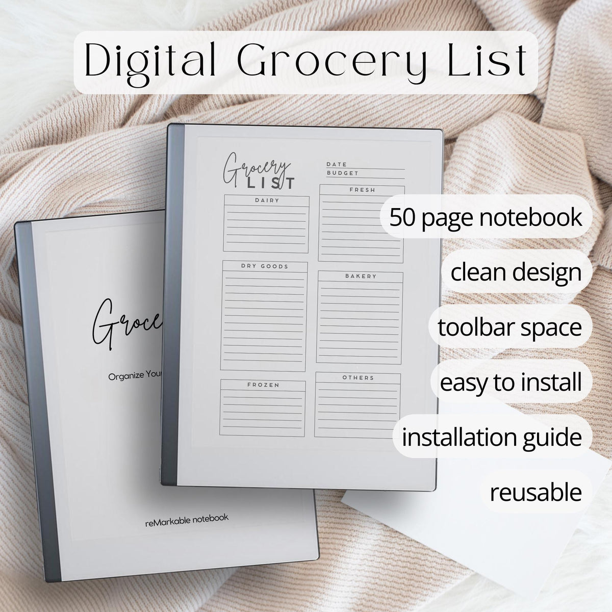 Grocery List NotebooDigital grocery list planner for reMarkable Paper Pure and reMarkable 2 with reusable shopping pages and minimalist layoutsk for reMarkable