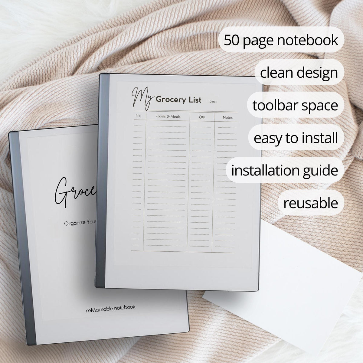 Grocery List Planner PDF for reMarkable 2 and Paper Pure with grayscale shopping list pages and minimalist grocery organization layout