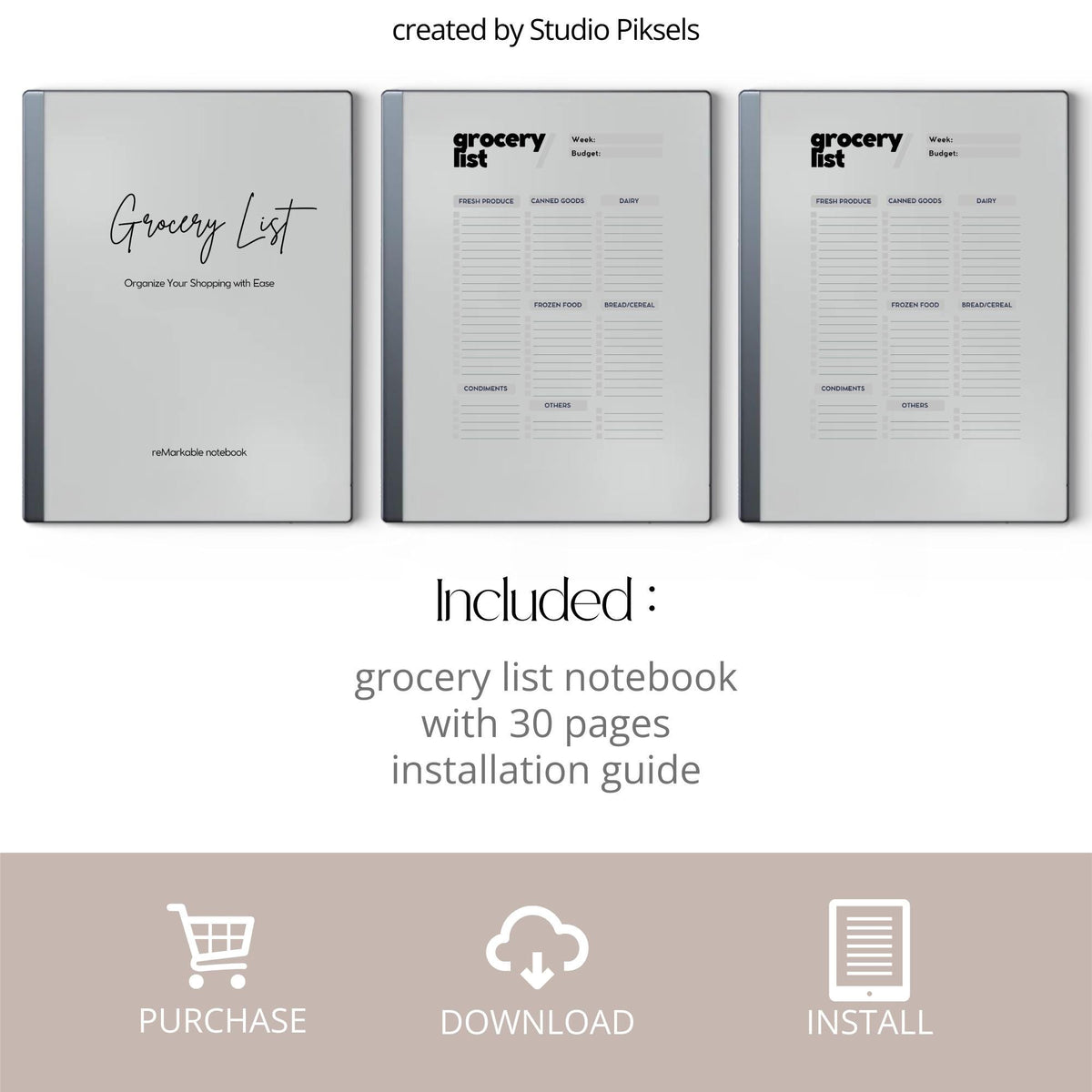 Grocery List Notebook for reMarkable 2 and reMarkable Paper Pure featuring reusable digital shopping list pages with minimalist organization layouts