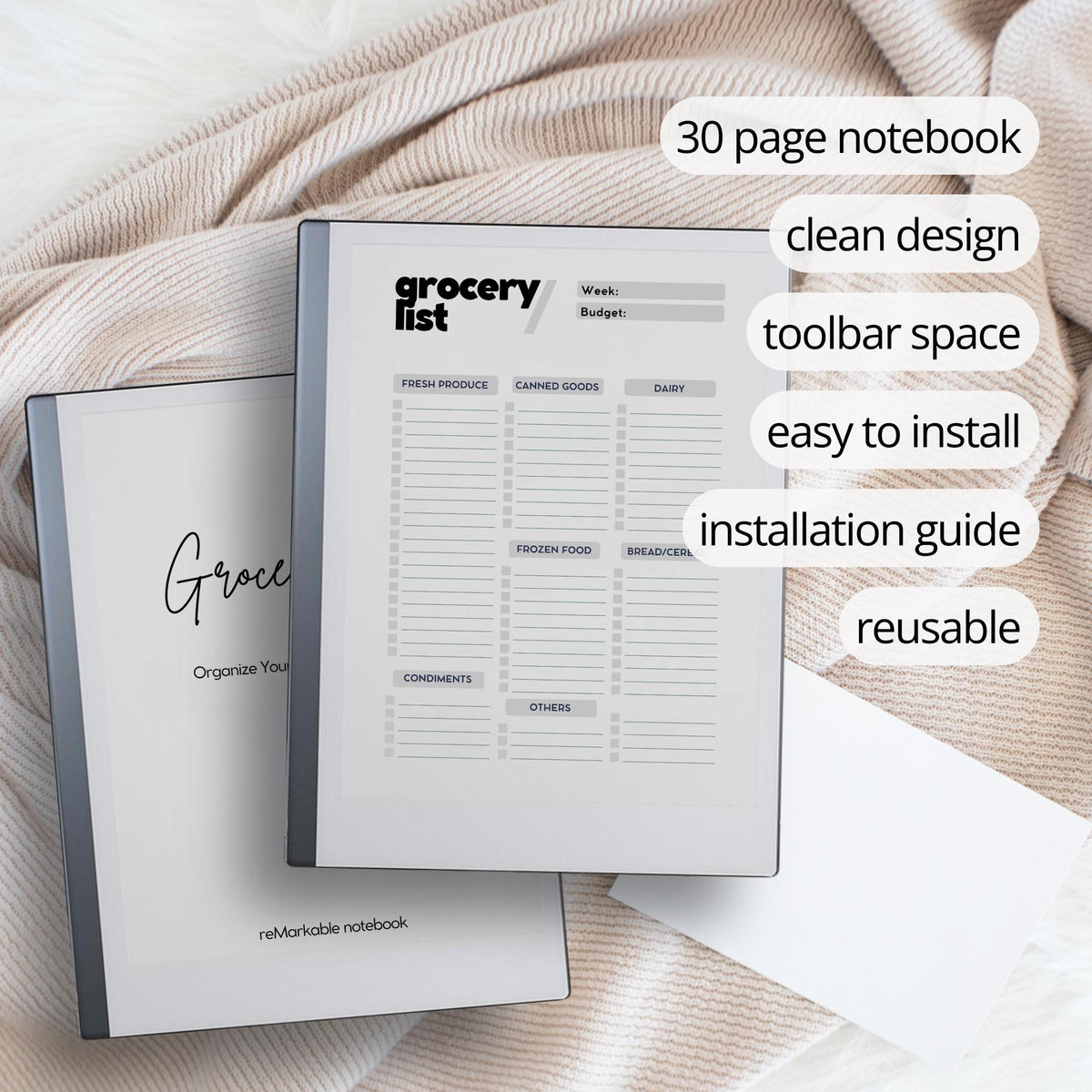 Grocery List Notebook for reMarkable 2 and reMarkable Paper Pure featuring reusable digital shopping list pages with minimalist organization layouts