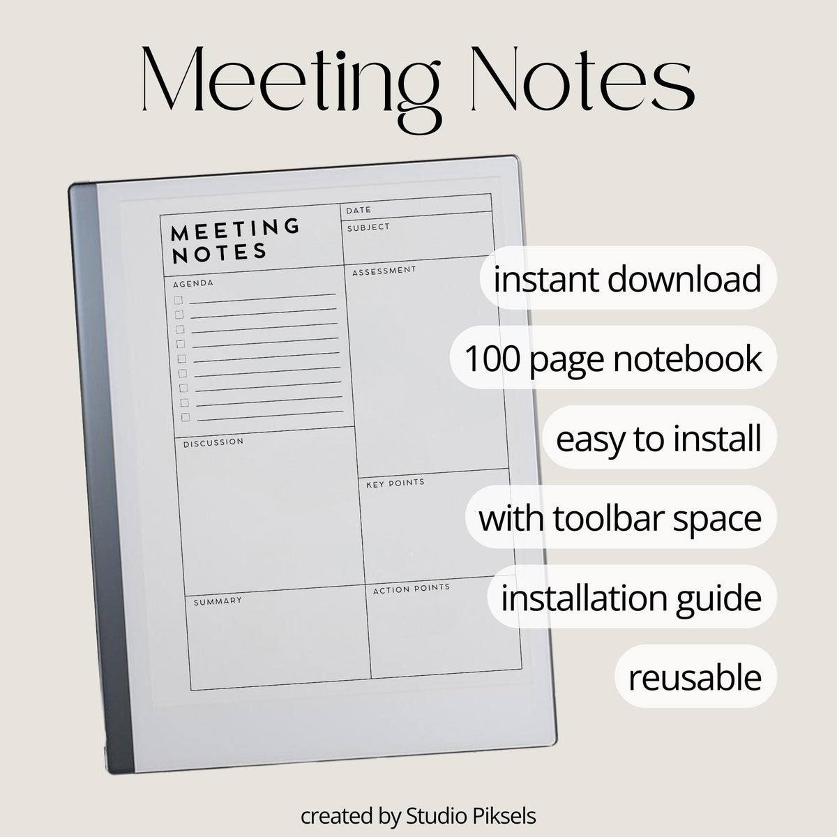 Meeting Minutes Notebook PDF for reMarkable 2 and Paper Pure with grayscale meeting note templates and structured digital writing pages