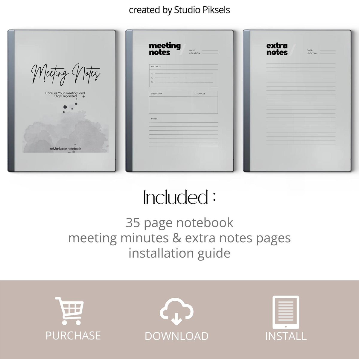 Meeting Minutes Notebook PDF for reMarkable 2 and Paper Pure with grayscale meeting note templates and minimalist digital writing pages