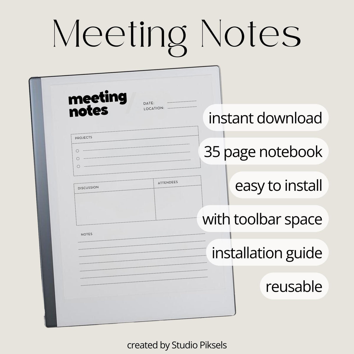 Meeting Minutes Notebook PDF for reMarkable 2 and Paper Pure with grayscale meeting note templates and minimalist digital writing pages