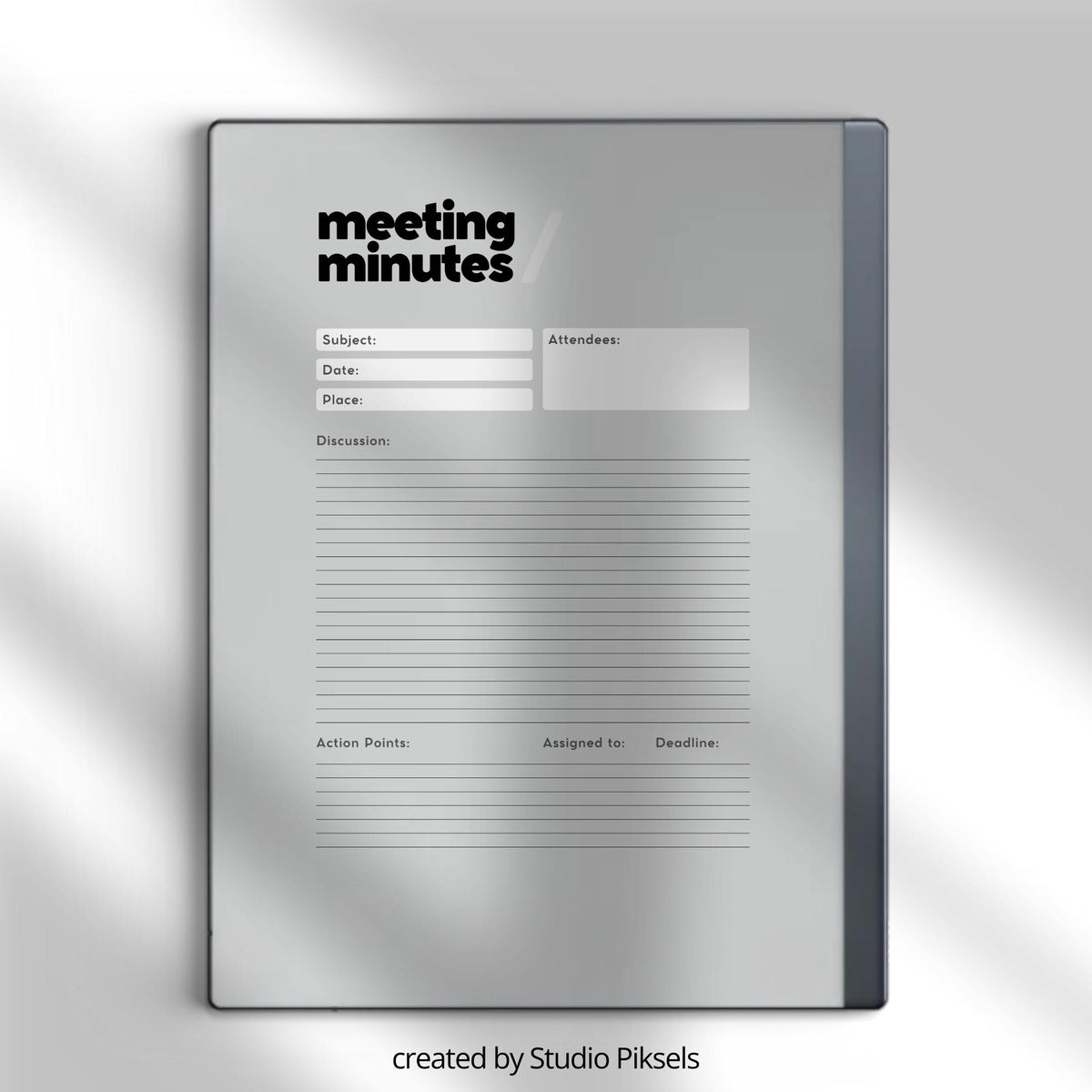 Meeting Minutes Template Bundle PDF for reMarkable 2 and Paper Pure with grayscale meeting templates, lined notes pages, and dotted note-taking layouts