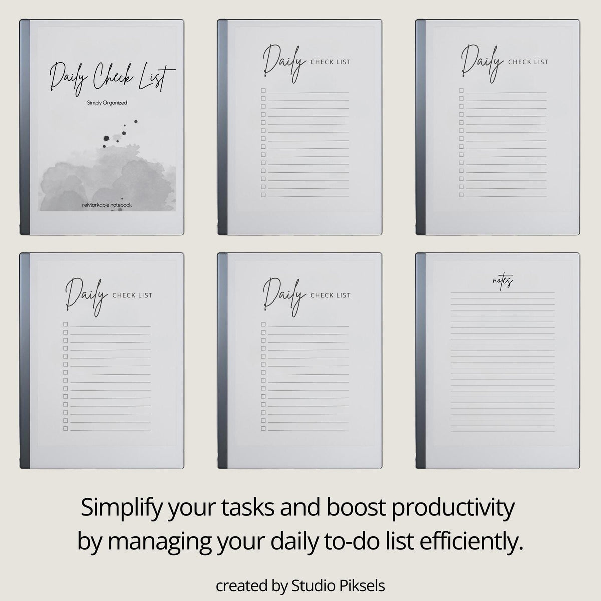 Daily Checklist for reMarkable 2 and reMarkable Paper Pure featuring structured digital task tracker pages, extra notes sections, and minimalist productivity layouts