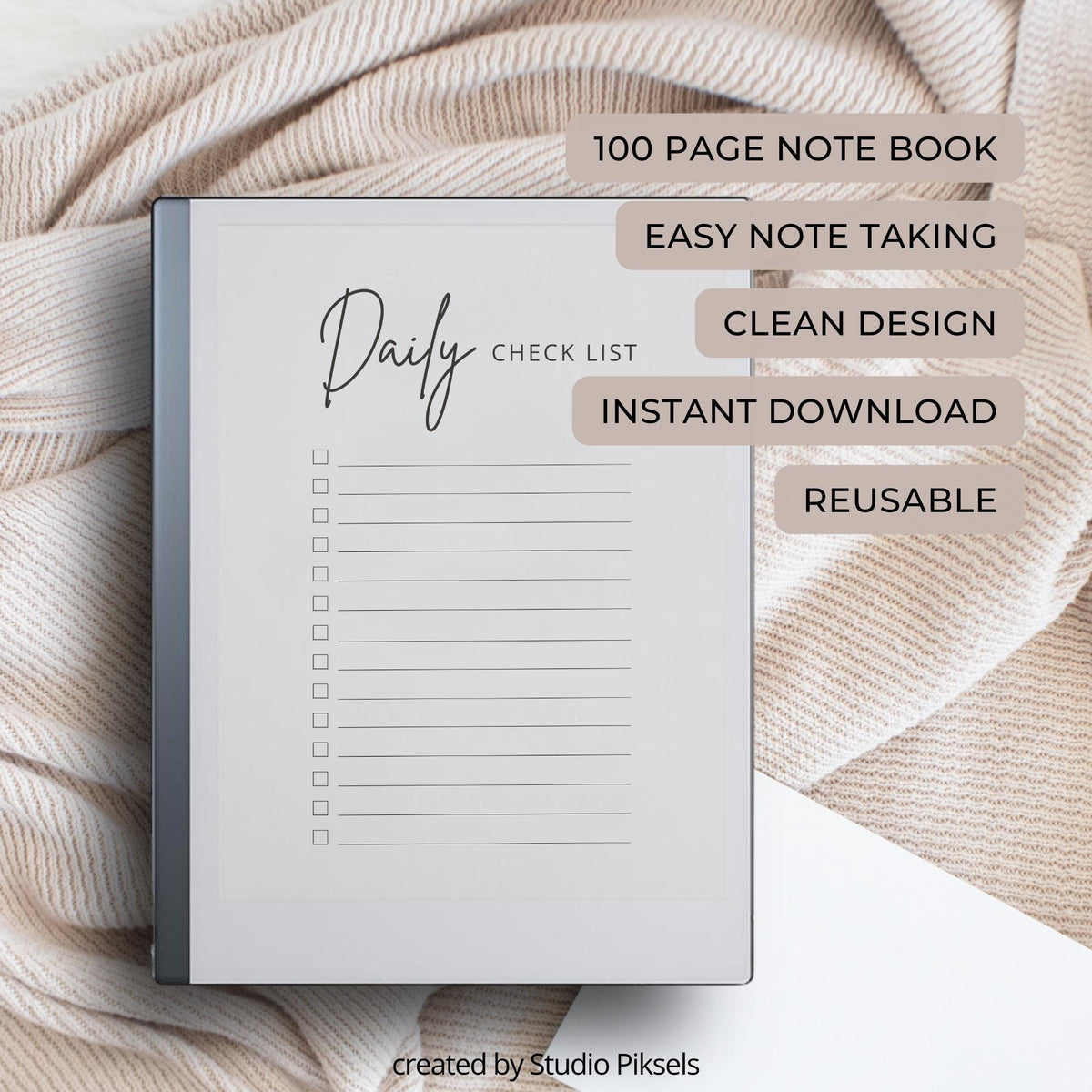 Daily Checklist for reMarkable 2 and reMarkable Paper Pure featuring structured digital task tracker pages, extra notes sections, and minimalist productivity layouts