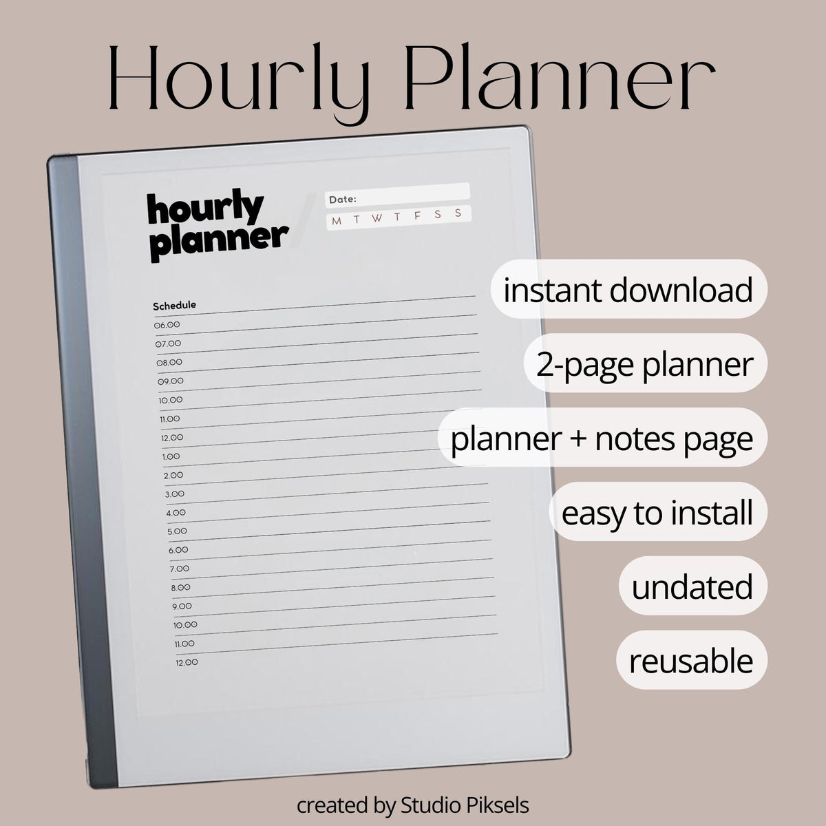 Hourly Planner for reMarkable 2 and reMarkable Paper Pure featuring minimalist hourly scheduling pages, reusable undated layouts, and digital notes sections 