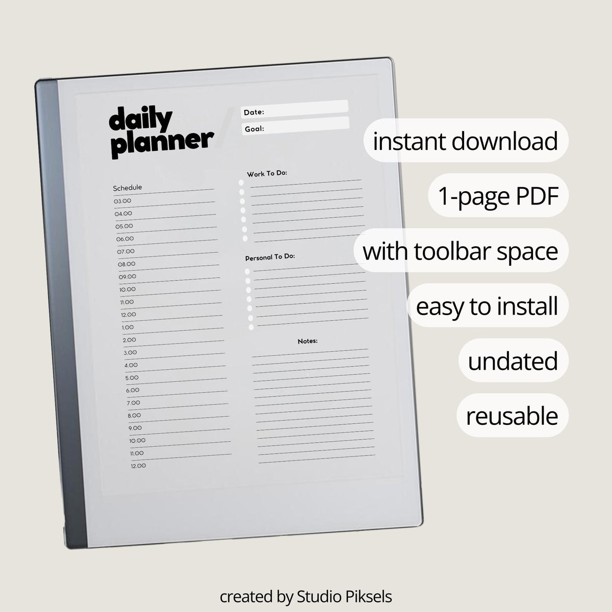 Minimalist Daily Planner for reMarkable 2 featuring an undated reusable PDF layout with hourly schedule, today’s big goal, meal planner, notes section, extra note-taking page, and toolbar space for daily planning and time management.