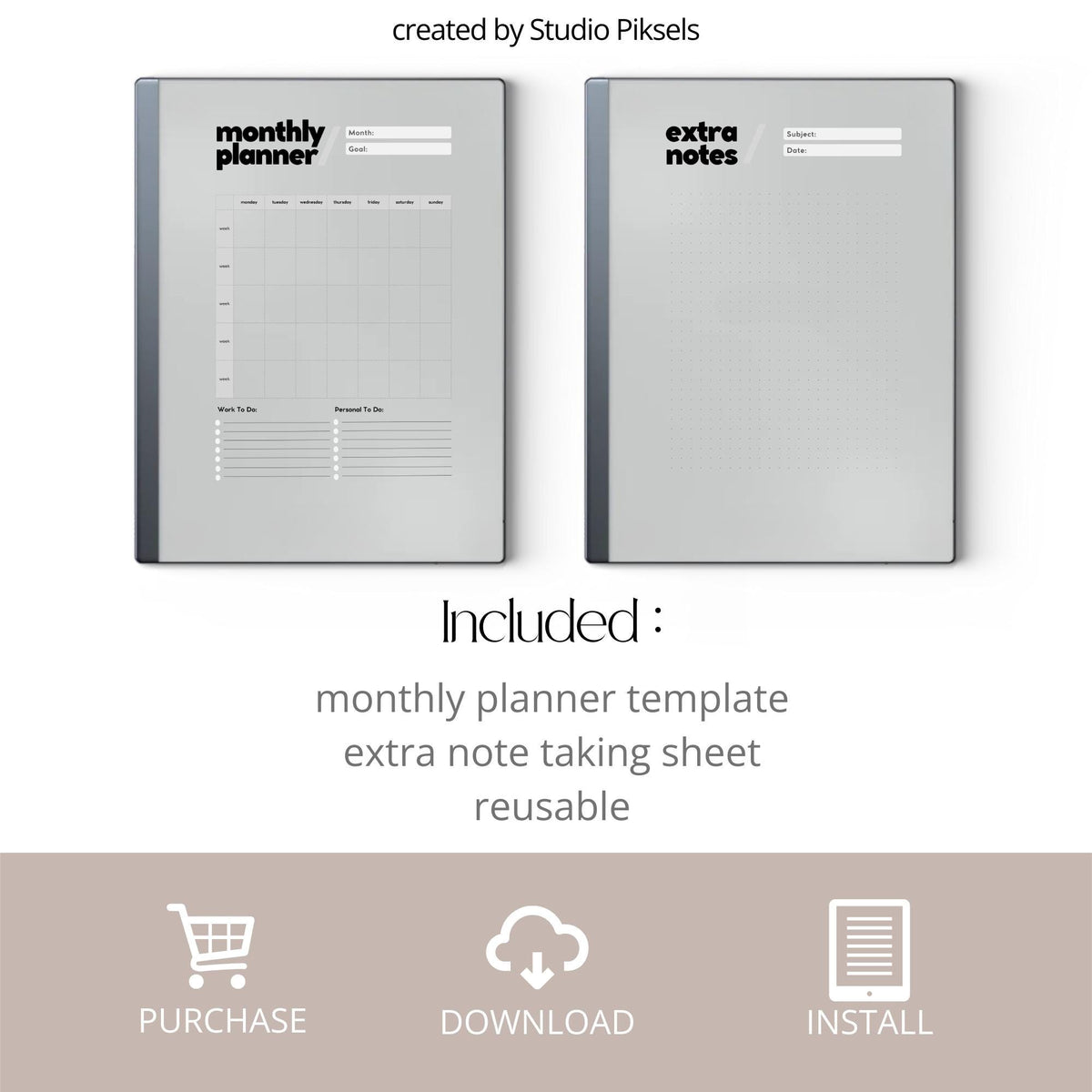 Reusable monthly planner for reMarkable Paper Pure and reMarkable 2 with undated calendar and minimalist notes layout