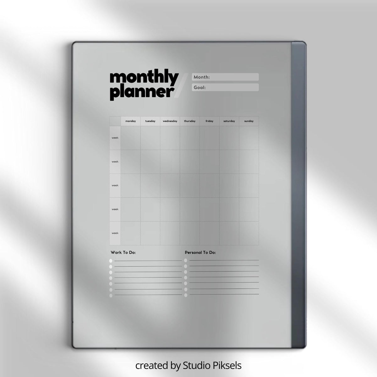 Reusable monthly planner for reMarkable Paper Pure and reMarkable 2 with undated calendar and minimalist notes layout
