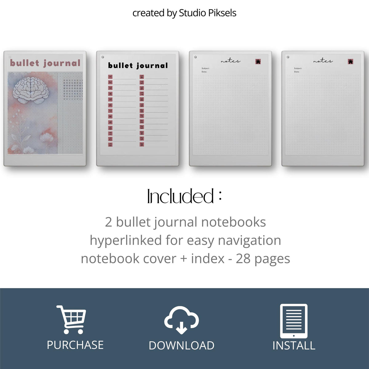 Hyperlinked Bullet Journal Bundle for reMarkable Paper Pro with dot grid notebook layouts, digital journaling pages, productivity planning templates, and reusable notebook PDFs.