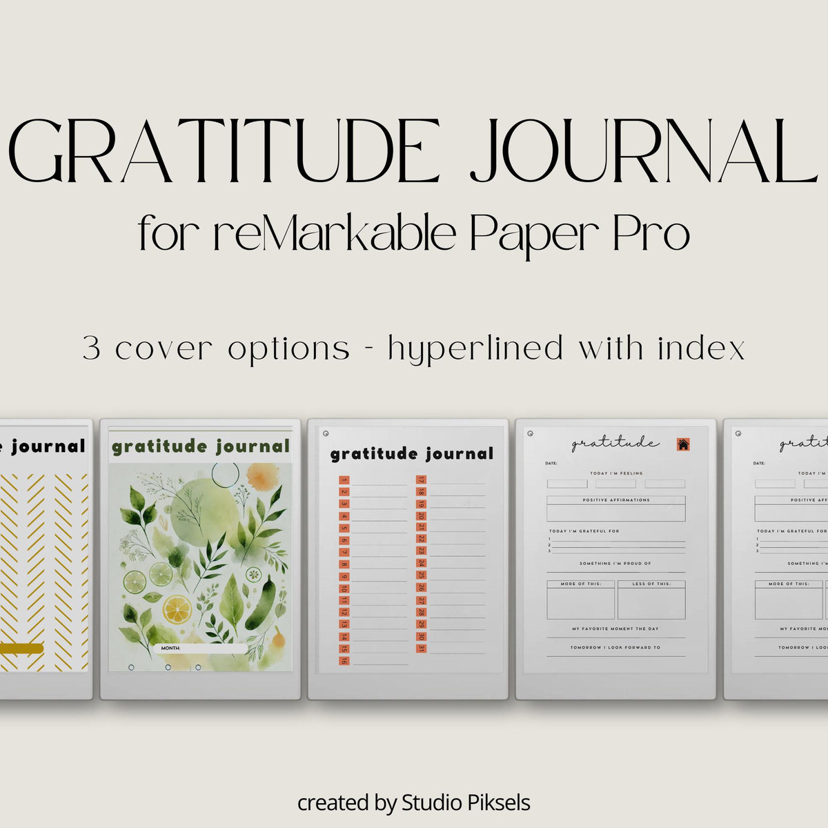 Hyperlinked gratitude journal bundle for reMarkable Paper Pro with minimalist 31-day daily reflection pages, structured mindfulness prompts, and three digital notebook designs for consistent gratitude practice.