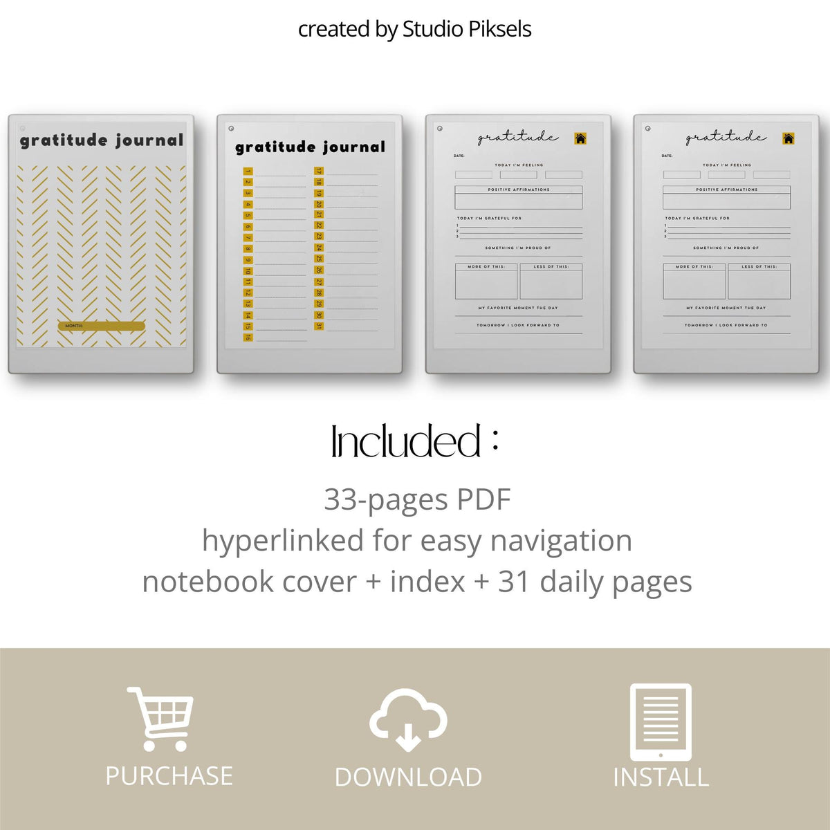 Hyperlinked gratitude journal bundle for reMarkable Paper Pro with minimalist 31-day daily reflection pages, structured mindfulness prompts, and three digital notebook designs for consistent gratitude practice.