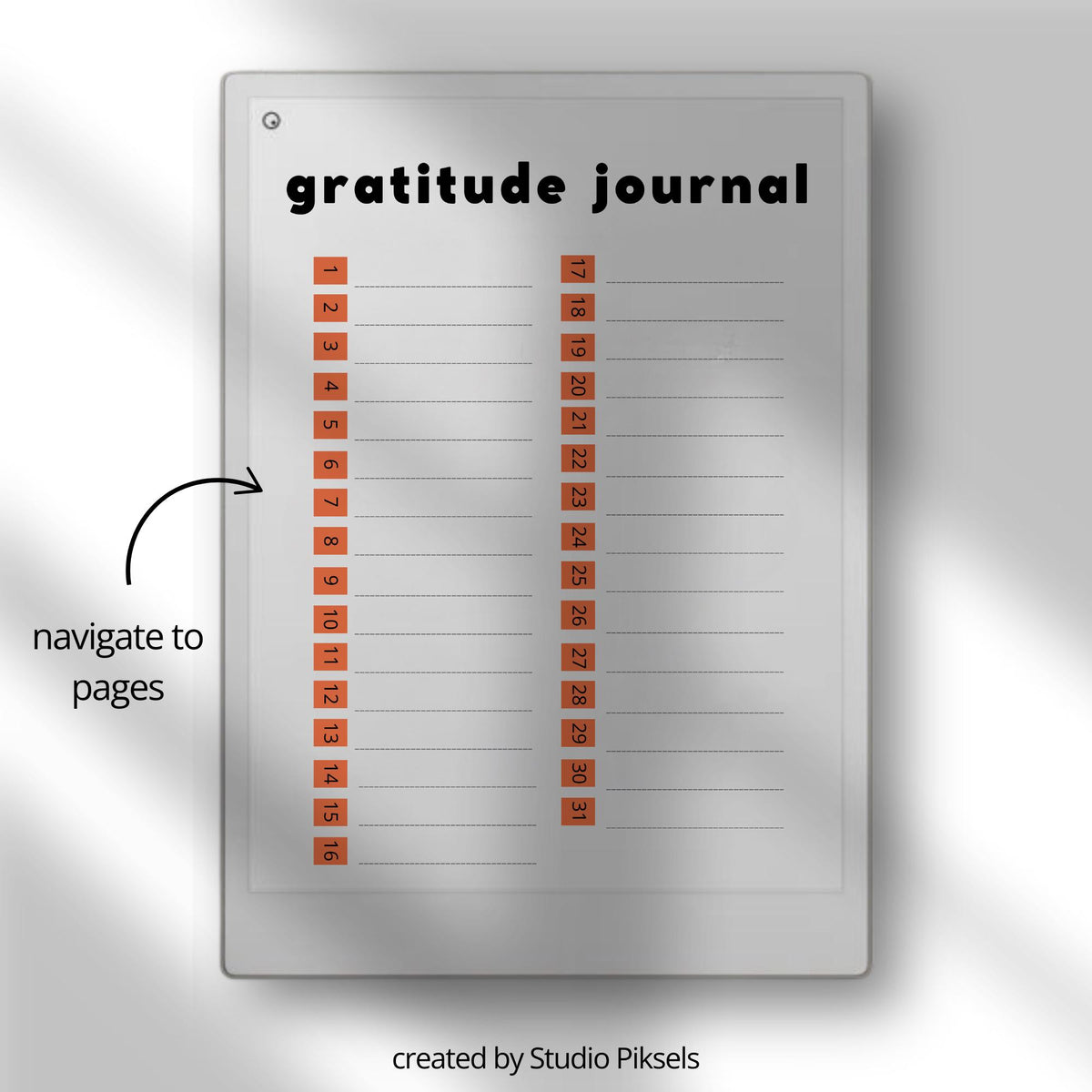 Hyperlinked gratitude journal bundle for reMarkable Paper Pro with minimalist 31-day daily reflection pages, structured mindfulness prompts, and three digital notebook designs for consistent gratitude practice.