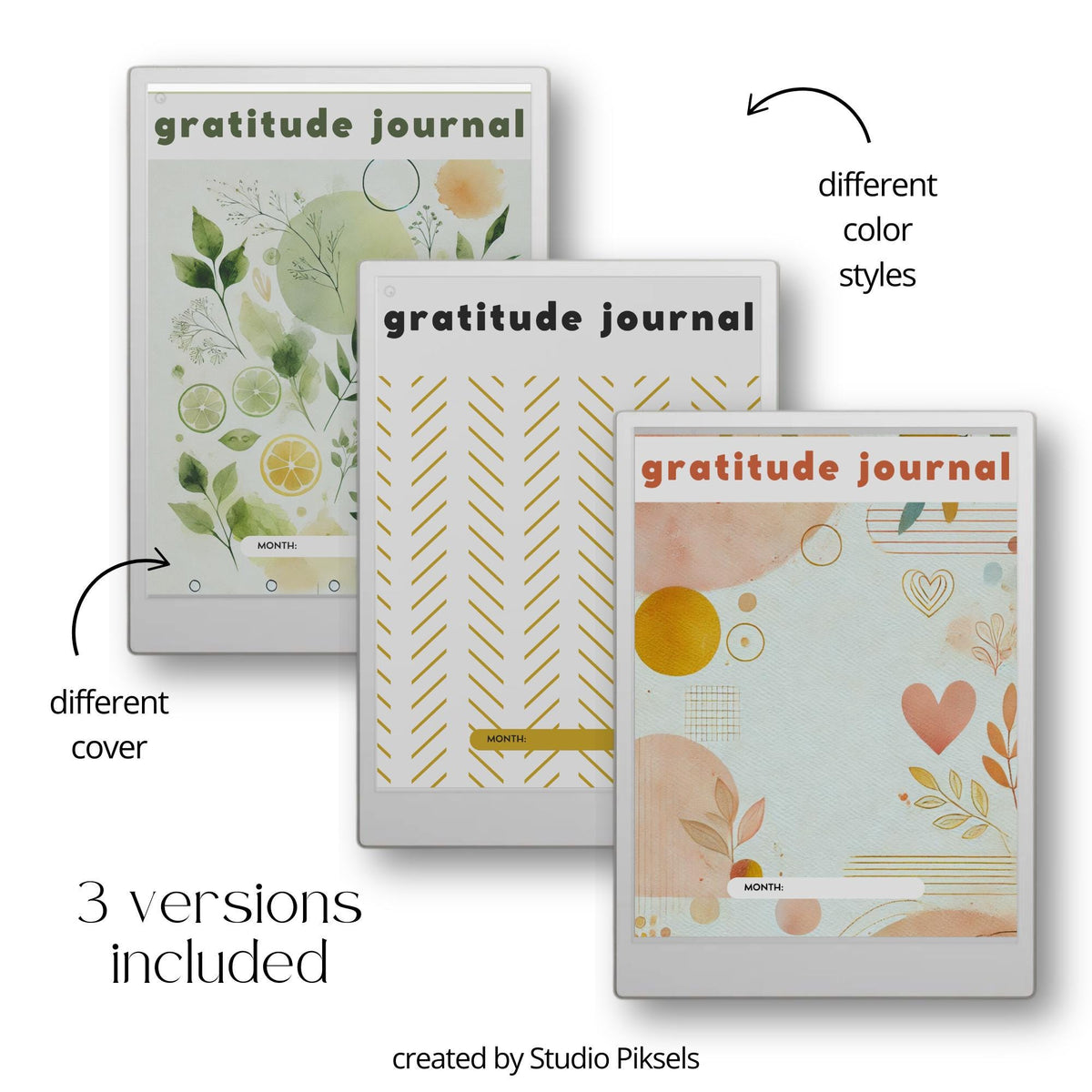 Hyperlinked gratitude journal bundle for reMarkable Paper Pro with minimalist 31-day daily reflection pages, structured mindfulness prompts, and three digital notebook designs for consistent gratitude practice.
