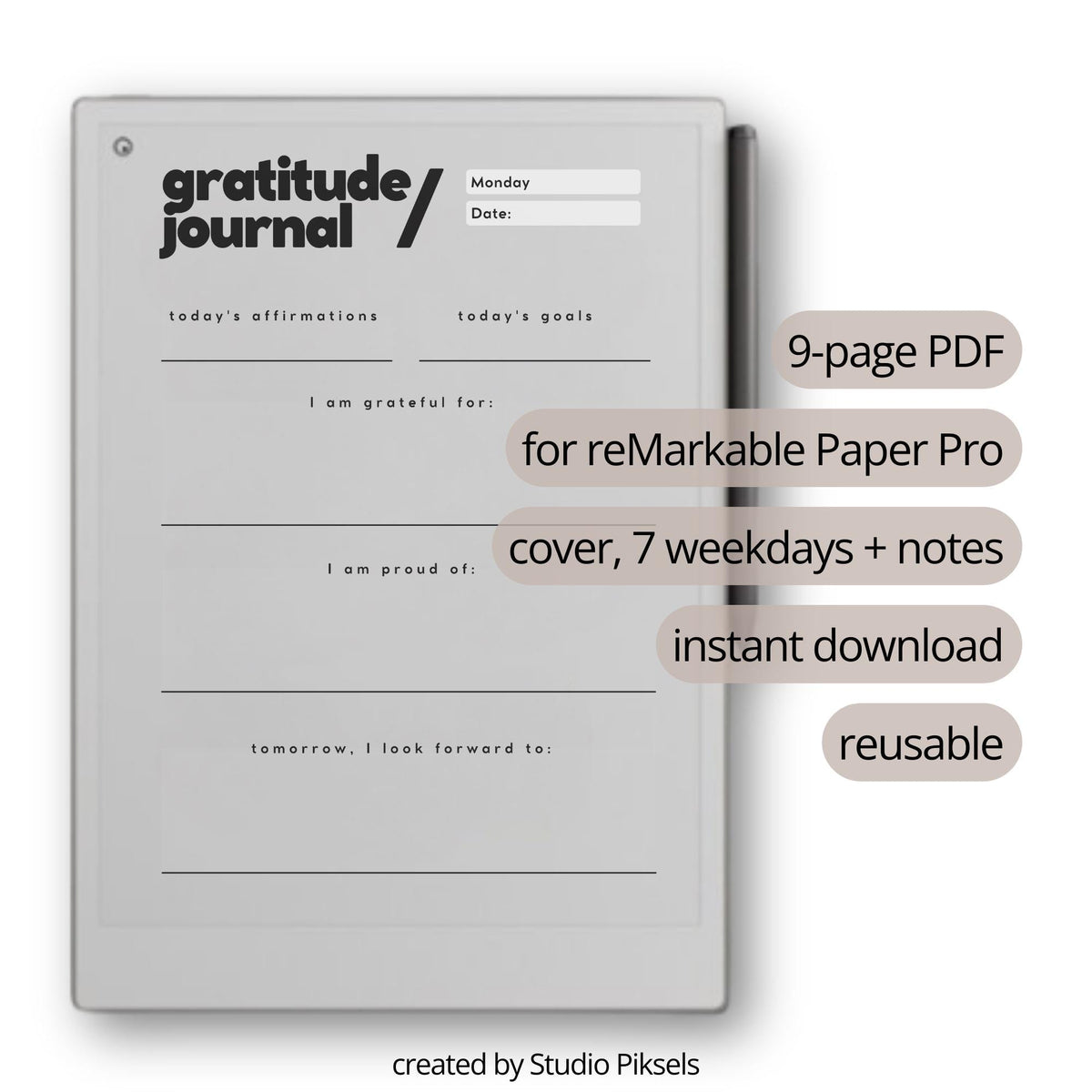 Gratitude Journal for reMarkable Paper Pro with daily reflection prompts, mindfulness journaling pages, affirmations, and reusable digital gratitude layouts.