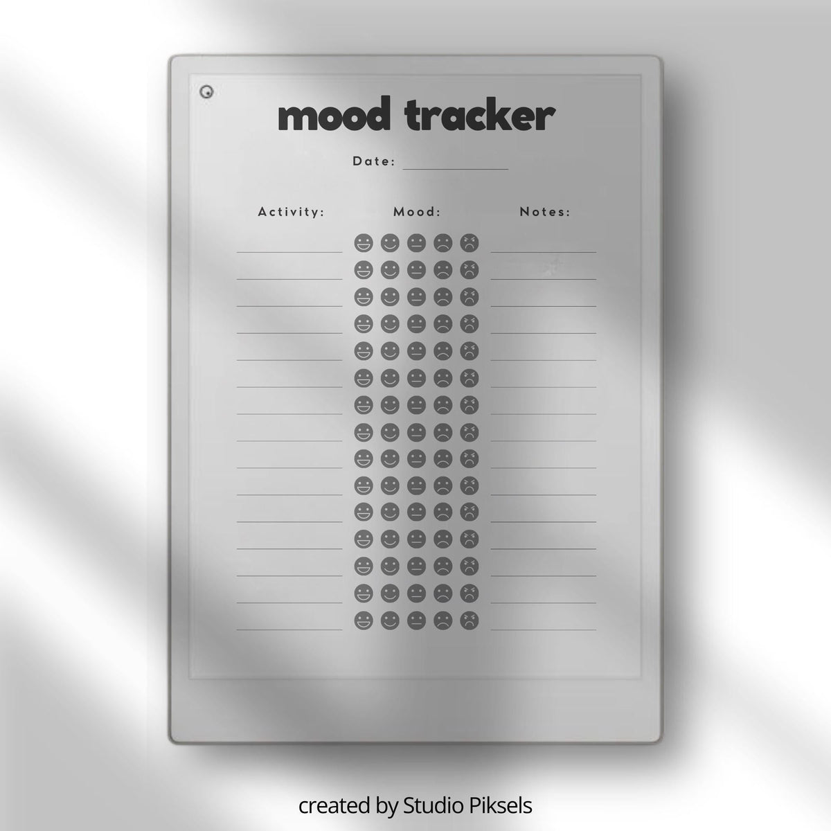 Digital Mood Tracker Template for reMarkable Paper Pro featuring daily mood logging pages with emotion tracking sections, activity tracking space, reflection notes, and reusable wellness journal layouts for mindful digital journaling and emotional awareness.