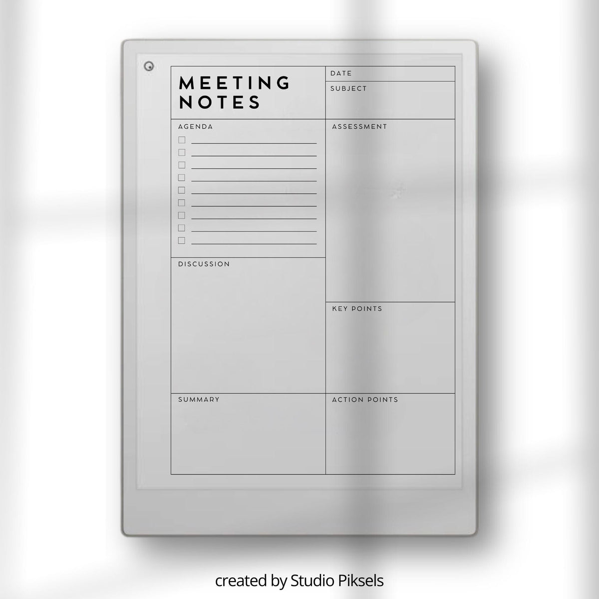 Meeting Minutes Template for reMarkable Paper Pro with structured meeting note layouts, lined writing pages, and professional digital notebooks for productivity and planning.